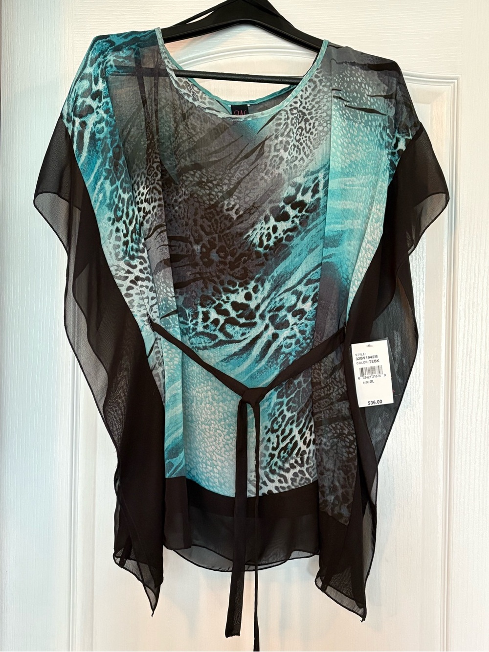 Sheer Black & Turquoise Animal Print Tie-Waist Top